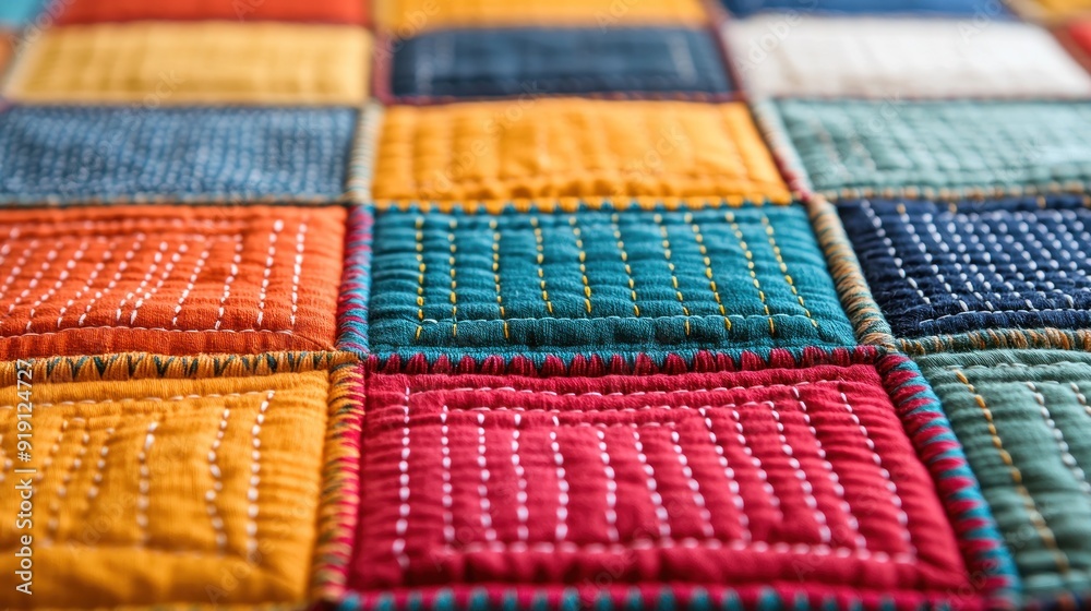 Detailed shot of a hand-stitched embroidery pattern on a colorful patchwork quilt, highlighting the fine craftsmanship, [close-up + embroidery + patchwork], [artisan skill]