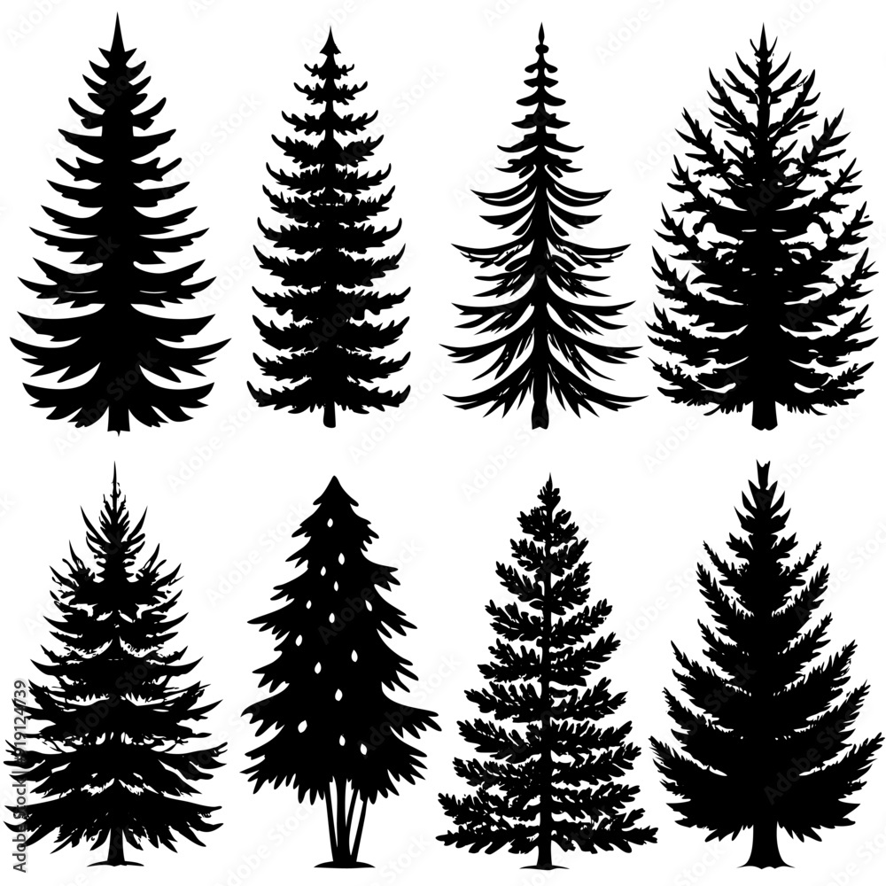 Obraz premium Striking silhouettes of pine trees on a white background