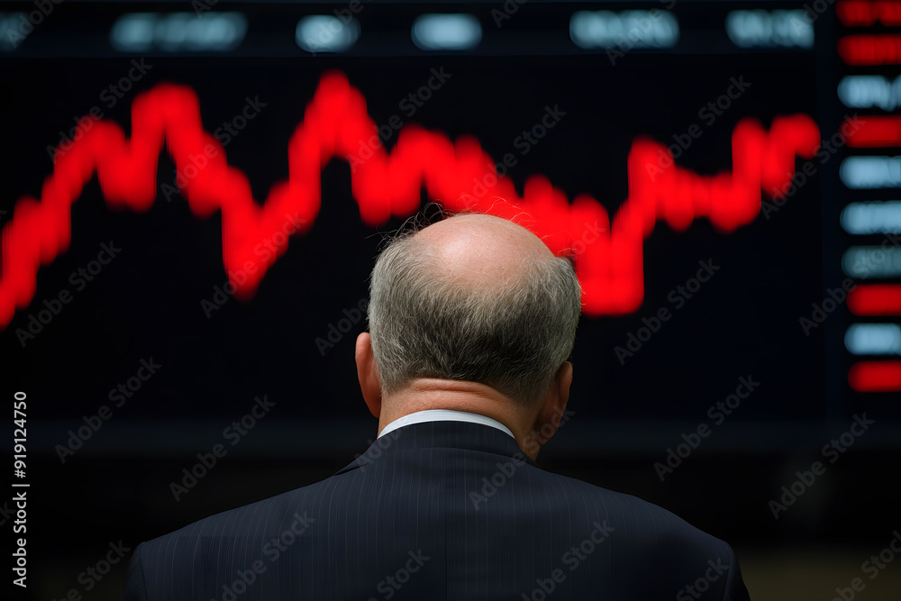 stressed young businessman standing in a blurry office interior with an abstract falling candlestick forex chart—trade, economy and crisis concept. stressed young businessman standing in a blurry office interior with an abstract falling candlestick forex chart—trade, economy and crisis concept.