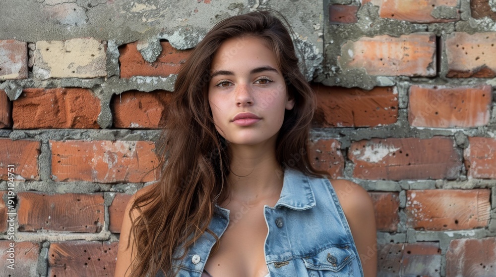 Girl standing in front of a brick wall, looking confidently at the camera. Girl standing in front of a brick wall, looking confidently at the camera.