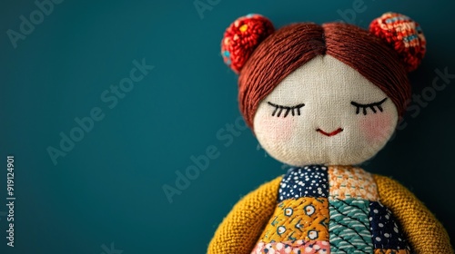 Close-up of a handmade fabric doll with patchwork clothing and intricate embroidery, showcasing detailed craftsmanship, [doll + patchwork + embroidery], [artisan dollmaking] photo