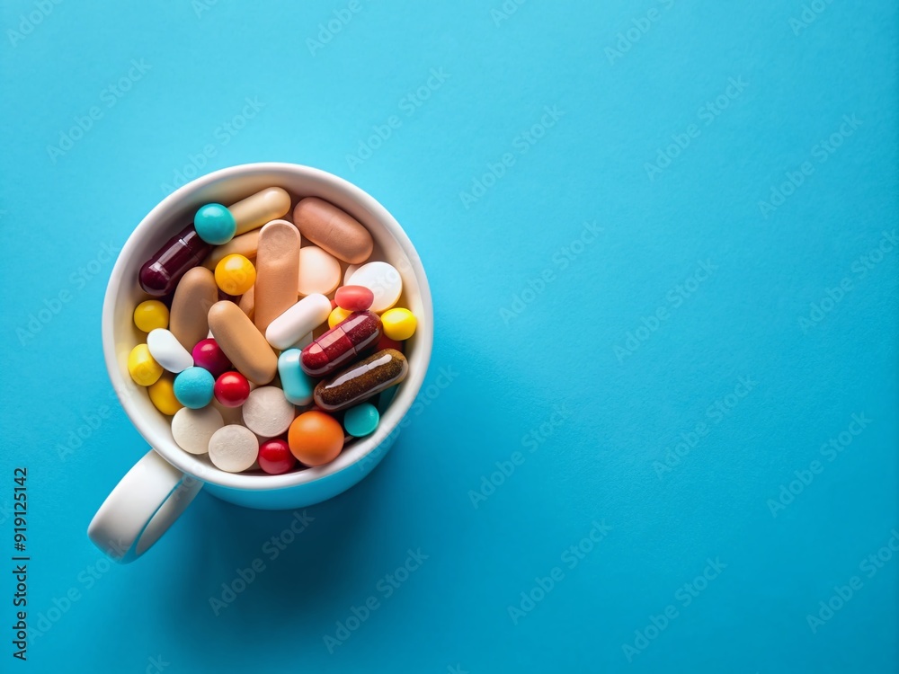 Assortment of medicinal pills, tablets, and capsules in a white ceramic cup on a blue background, with empty space for text, representing healthcare and therapy.