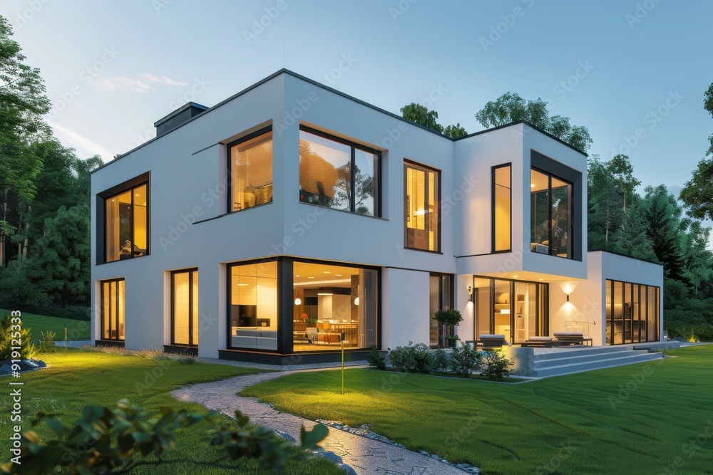 Fototapeta premium White modern house, black windows, illuminated at night, lush yard, luxury feel
