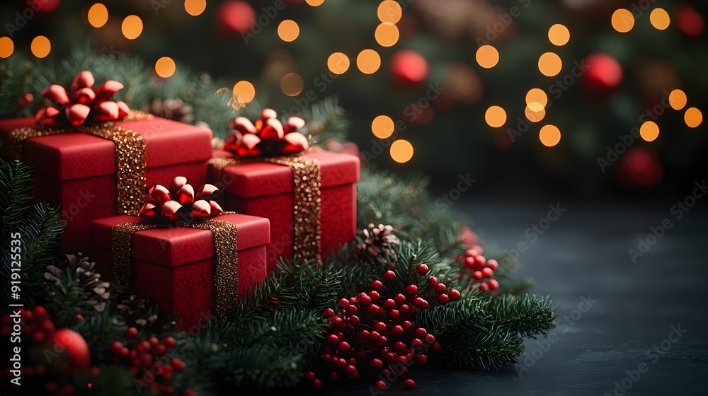 Stylish Xmas vector layout showcasing 3D red gift boxes, glowing garland, and detailed green foliage, ideal for a festive and elegant holiday design. Stylish Xmas vector layout showcasing 3D red gift boxes, glowing garland, and detailed green foliage, ideal for a festive and elegant holiday design.