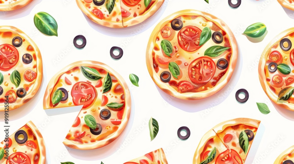 Playful seamless pattern of assorted pizzas.