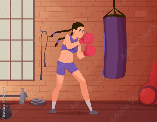 girl boxer. woman fights boxing training vector cartoon background with aggressive female fighter
