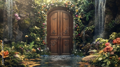 A classic wooden door with floral designs opens to a breathtaking scene of a tranquil, magical garden with sparkling streams and whimsical creatures.