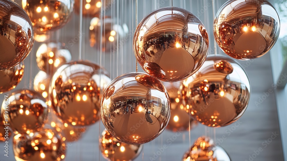 Different modern streamlined mirror copper chandeliers. Bubble metal copper shade pendant Different modern streamlined mirror copper chandeliers. Bubble metal copper shade pendant