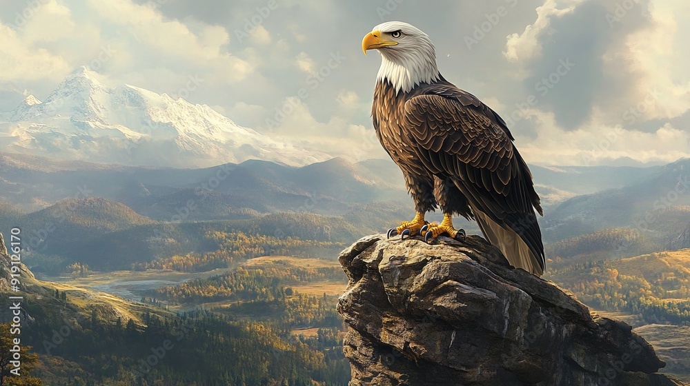 Fototapeta premium Majestic Bald Eagle Soaring Above Rocky Cliffs