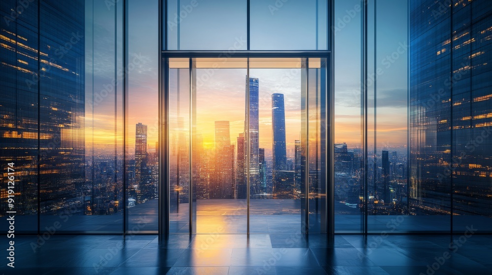 A modern glass door with sleek metal frames opens to a breathtaking view of a surreal cityscape with towering, futuristic skyscrapers bathed in a magical glow. A modern glass door with sleek metal frames opens to a breathtaking view of a surreal cityscape with towering, futuristic skyscrapers bathed in a magical glow.