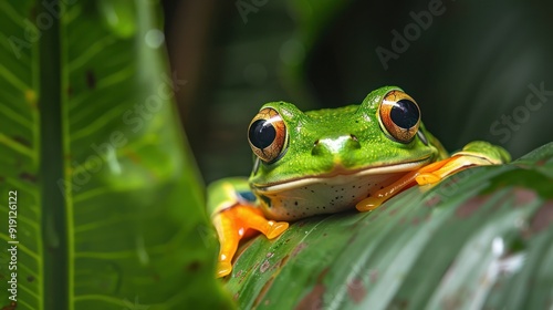 close up shot green frog hide camouflage peeking out