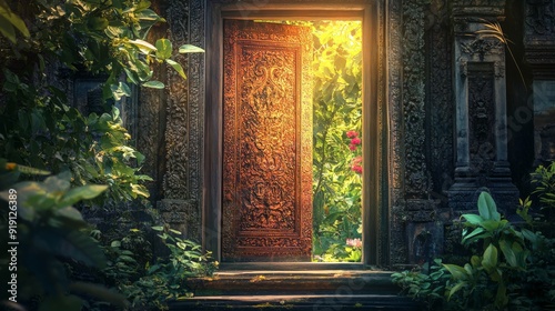 A vintage wooden door with intricate carvings stands open, revealing a lush, otherworldly landscape filled with vibrant colors and ethereal light.