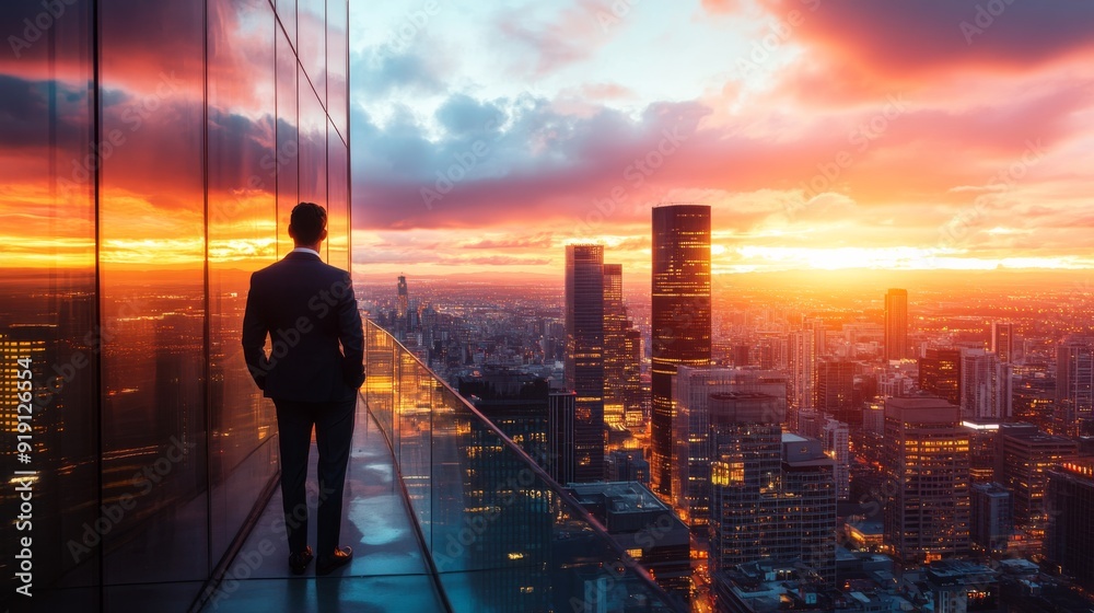 From a high-rise balcony, a banker looks out over the city at sunset, where the skyline is enhanced by the overlay of light and the rich colors of the evening sky. From a high-rise balcony, a banker looks out over the city at sunset, where the skyline is enhanced by the overlay of light and the rich colors of the evening sky.