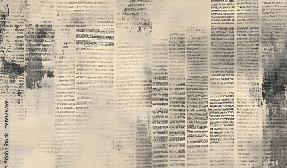 Fototapeta premium Newspaper texture background with vintage newspaper pages for design and print, digital paper. Vintage newspaper backdrop with aged and distressed elements for collage or pattern,