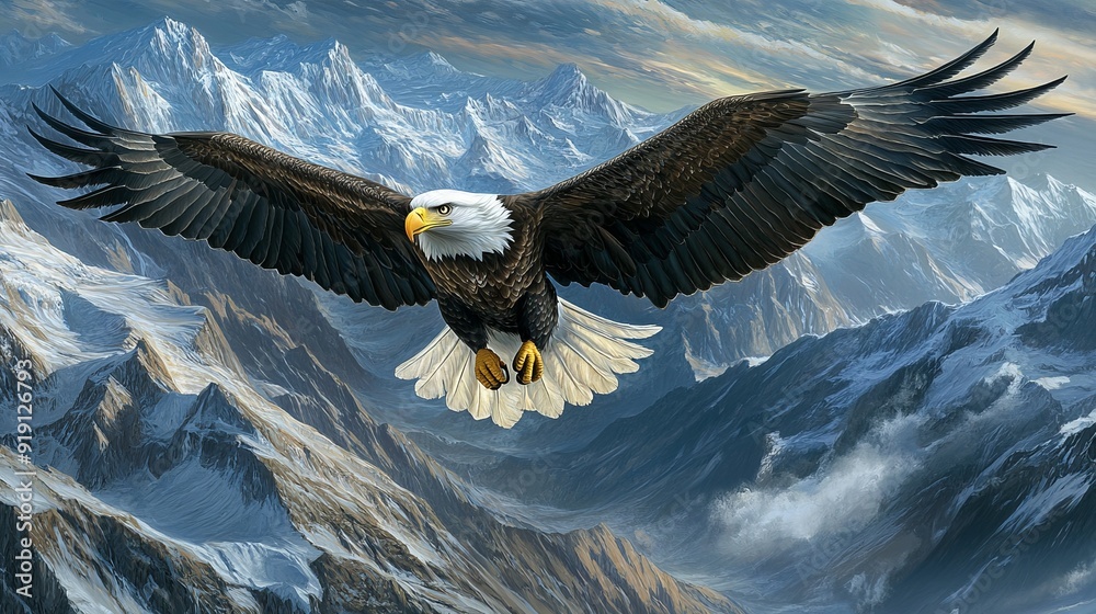 Fototapeta premium Majestic Bald Eagle Soaring Above Rugged Mountain - Stunning Wildlife Photography