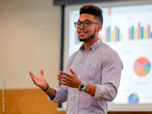 Confident Businessman Giving a Presentation in a Bright Office photo