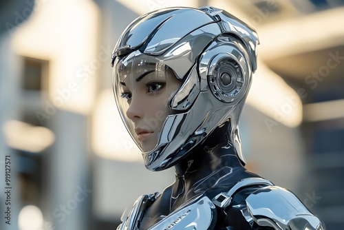 Robot humanoid woman, portrait, chrome