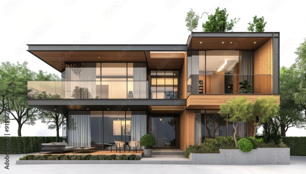 Modern house, front view, 3D rendering, wooden elements, glass windows, courtyard garden Modern house, front view, 3D rendering, wooden elements, glass windows, courtyard garden