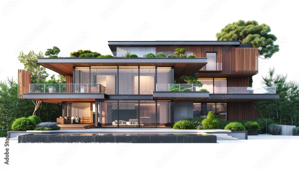 Modern house, front view, 3D rendering, wooden elements, glass windows, courtyard garden Modern house, front view, 3D rendering, wooden elements, glass windows, courtyard garden