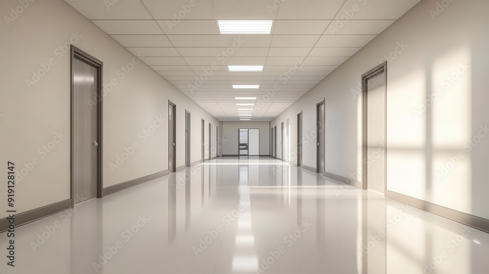 Empty corridor with many doors is reflecting sunlight from windows Empty corridor with many doors is reflecting sunlight from windows