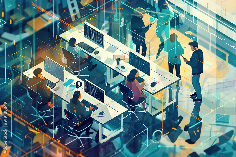A group of people are working in an office with a computer monitor in front of e, generative ai. A group of people are working in an office with a computer monitor in front of e, generative ai.