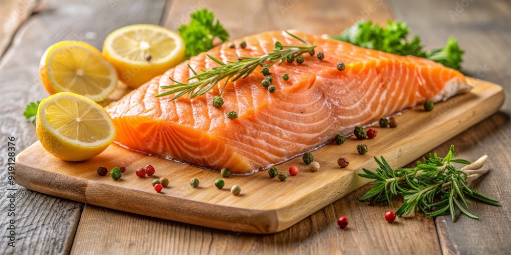 Freshly prepared organic salmon fillet with lemon and herbs on rustic wooden platter against beige background, highlighting culinary art and fine dining experience. Freshly prepared organic salmon fillet with lemon and herbs on rustic wooden platter against beige background, highlighting culinary art and fine dining experience.