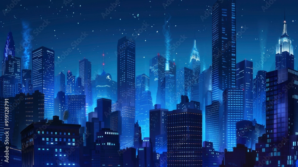 big city at night with skyscrapers, blue and realistic with generative ai big city at night with skyscrapers, blue and realistic with generative ai