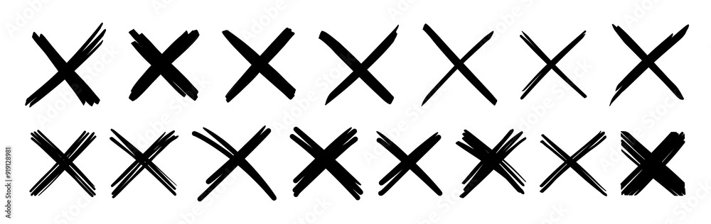 X scribble marks. Vector sketch crosses of black marker, pen, pencil or brush lines, hand drawn doodle strikethrough signs set with rough texture. Isolated monochrome X or cross shape scribble marks