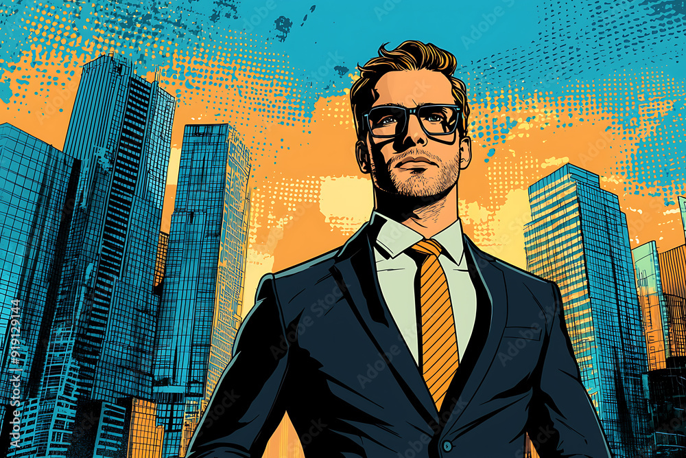 a successful businessman in a business suit, on the background of buildings, an experienced financier, boss, investor. pop art style a successful businessman in a business suit, on the background of buildings, an experienced financier, boss, investor. pop art style