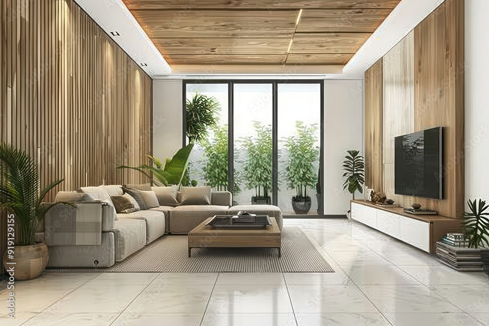 Fototapeta premium Modern living room: white tile floor, wooden ceiling, wall panels, TV stand, sofa