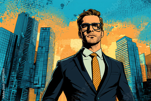 a successful businessman in a business suit, on the background of buildings, an experienced financier, boss, investor. pop art style