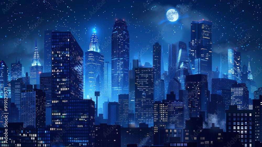 big city at night with skyscrapers, blue and realistic with generative ai big city at night with skyscrapers, blue and realistic with generative ai