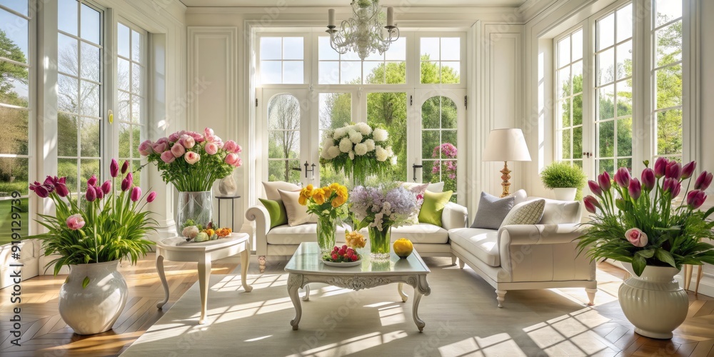 Elegant white interior with lavish furnishings, adorned with vibrant spring flowers, delicate vases, and lush greenery, exuding sophistication and serenity on a warm sunny day. Elegant white interior with lavish furnishings, adorned with vibrant spring flowers, delicate vases, and lush greenery, exuding sophistication and serenity on a warm sunny day.