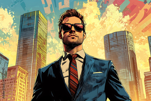A successful businessman standing confidently in front of a towering skyscraper, wearing a sharp, tailored business suit. with bold, exaggerated colors typical of pop art. The businessman has a determ