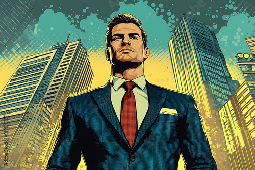 A successful businessman standing confidently in front of a towering skyscraper, wearing a sharp, tailored business suit. with bold, exaggerated colors typical of pop art. The businessman has a determ photo