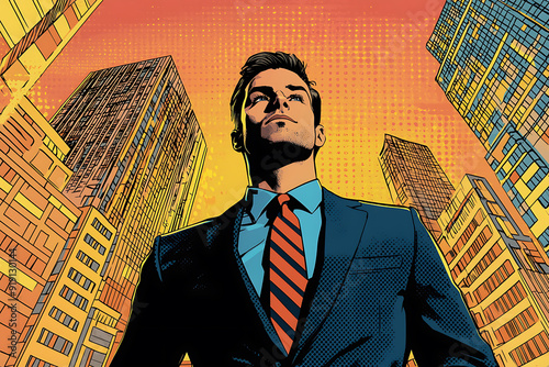 A successful businessman standing confidently in front of a towering skyscraper, wearing a sharp, tailored business suit. with bold, exaggerated colors typical of pop art. The businessman has a determ photo