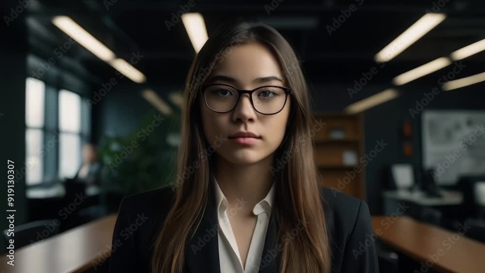 Young woman in business wear standing with arms crossed in business environment Young woman in business wear standing with arms crossed in business environment