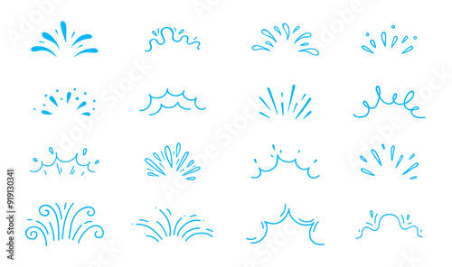 Cartoon water splash effects of vector ocean waves and sea surf flows with drops and swirls. Isolated blue liquid or water splashes set, river stream, fountain spray, raindrops and waterfall splatters