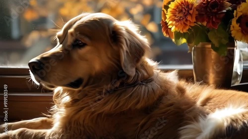 Charming, sweet puppy on window sill. Close-up, indoor. Day light. Concept of care, education, obedience training, raising pets