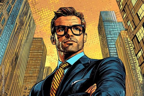 A successful businessman standing confidently in front of a towering skyscraper, wearing a sharp, tailored business suit. with bold, exaggerated colors typical of pop art. The businessman has a determ photo