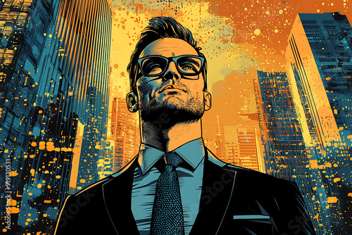 A successful businessman standing confidently in front of a towering skyscraper, wearing a sharp, tailored business suit. with bold, exaggerated colors typical of pop art. The businessman has a determ photo