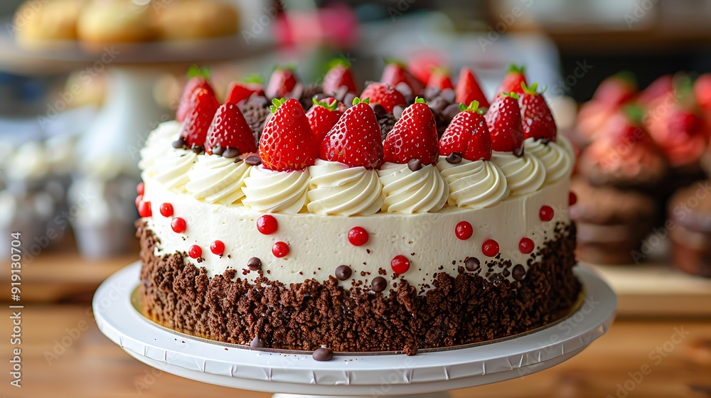 A luscious cake decorated with whipped cream, fresh strawberries, and chocolate crumbles is displayed on a cake stand, ideal for bakery advertisements, birthday cards, or dessert features,