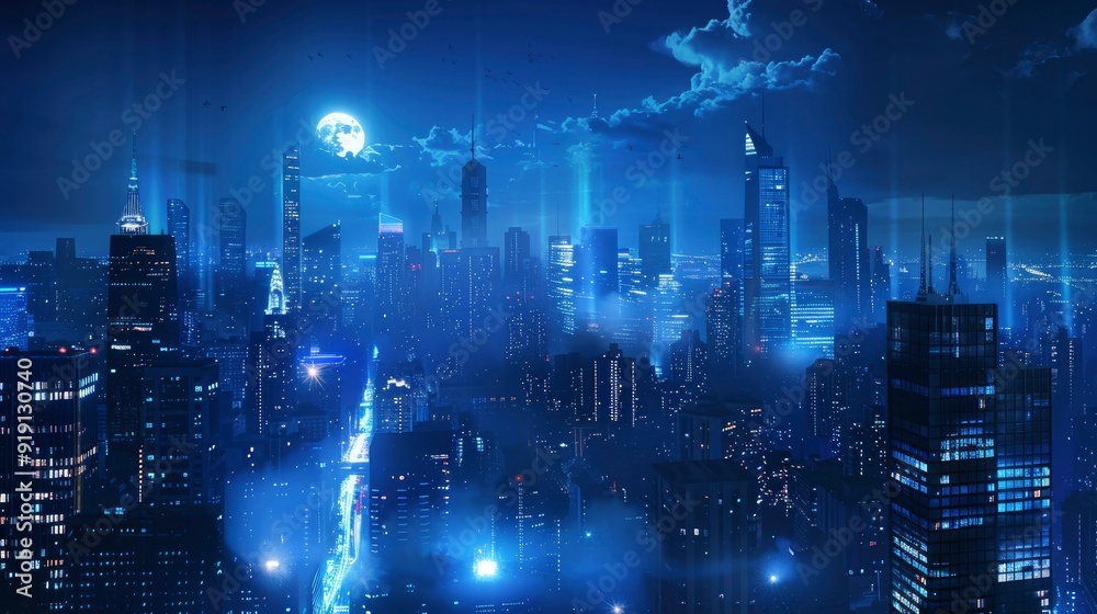 big city at night with skyscrapers, blue and realistic with generative ai