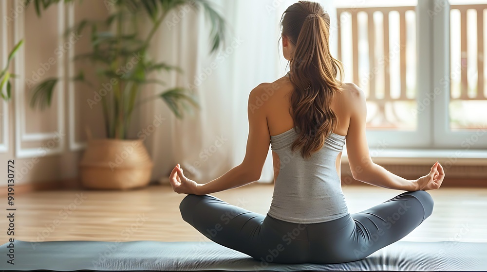 A woman with long hair practices yoga in a serene, sunlit room, sitting on a mat in a meditative pose with plants in the background ideal for wellness, mindfulness, or relaxation concepts, A woman with long hair practices yoga in a serene, sunlit room, sitting on a mat in a meditative pose with plants in the background ideal for wellness, mindfulness, or relaxation concepts,