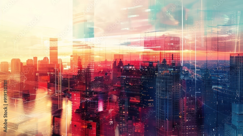 Abstract Cityscape with Multicolored Reflections in Glass Buildings