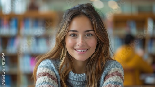 A young woman with a bright smile looks directly at the camera, her curly hair cascading down her shoulders.