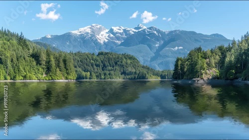 Serene lake reflecting towering snow capped mountain ai generative	
