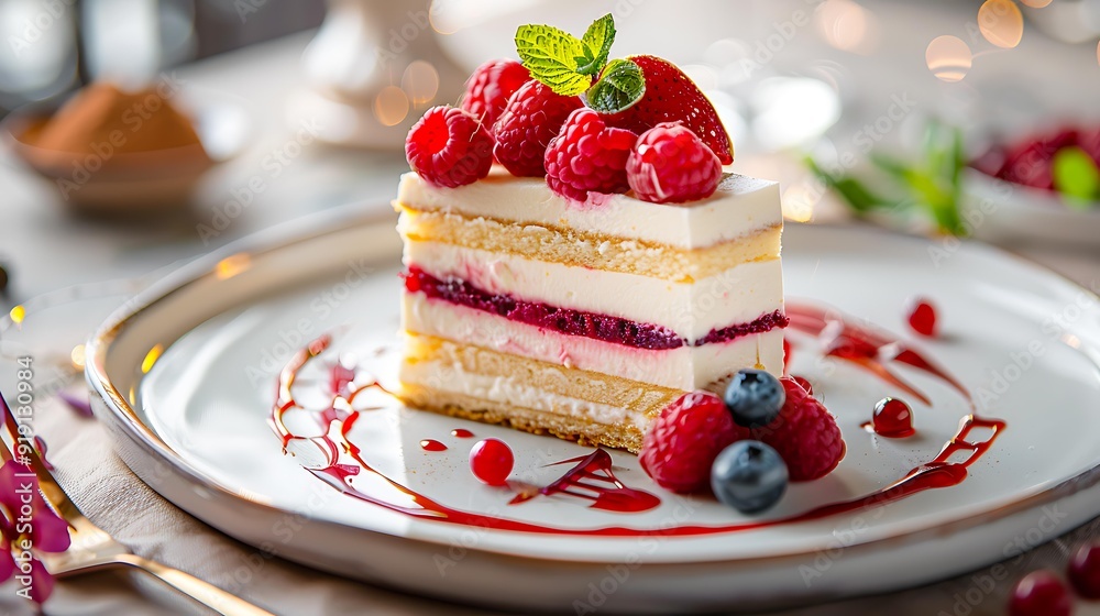 A slice of layered berry cake, topped with fresh raspberries, strawberries, and mint leaves, sits on a white plate adorned with a berry sauce, Ideal for food blogs, dessert menus A slice of layered berry cake, topped with fresh raspberries, strawberries, and mint leaves, sits on a white plate adorned with a berry sauce, Ideal for food blogs, dessert menus
