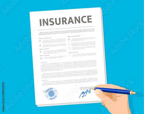 Insurance document, vector hand signing paper form with pen. Legal contract or agreement of health, car, life, accident, travel or home insurance policy with checklist, seal and signature