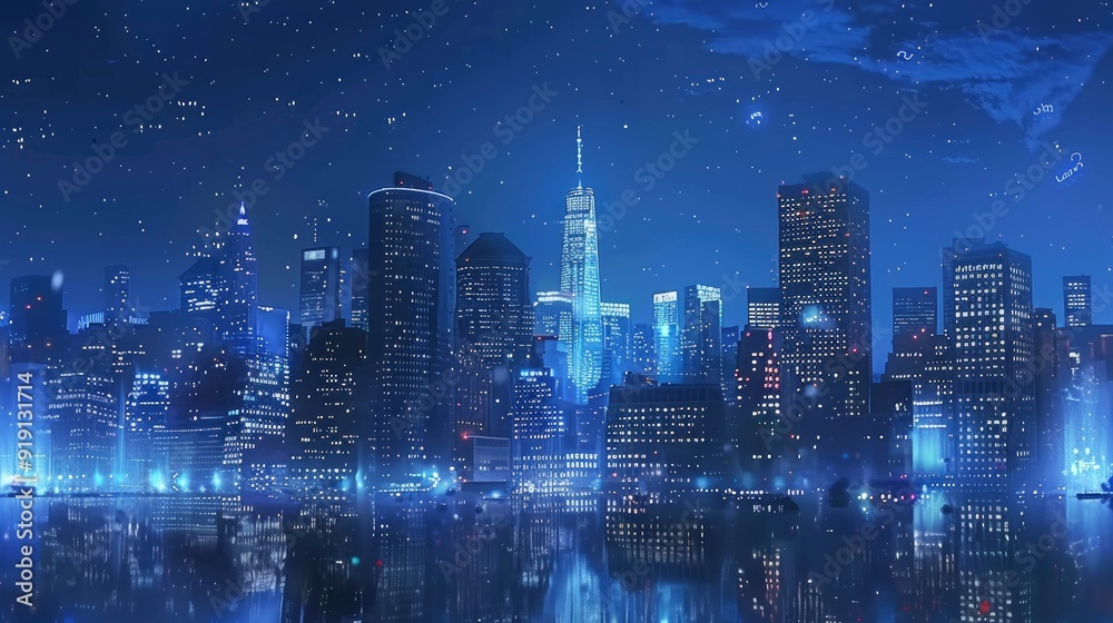 Fototapeta premium big city at night with skyscrapers, blue and realistic with generative ai